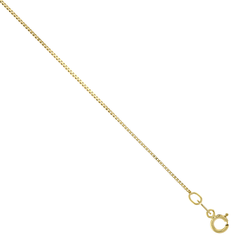 10K Solid Yellow Gold Box Chain Necklaces 0.7 mm Nickel Free, 16 - 24 inches long