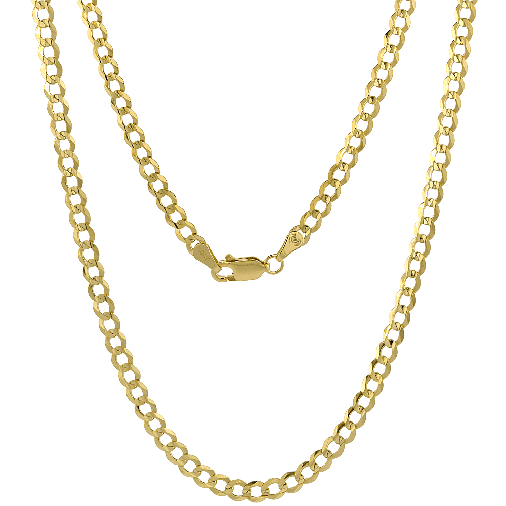 10K YELLOW GOLD 4MM CUBAN LINK CURB CHAIN NECKLACES AND BRACELETS FOR WOMEN AND MEN CONCAVED BEVELED EDGES 7-30 INCH