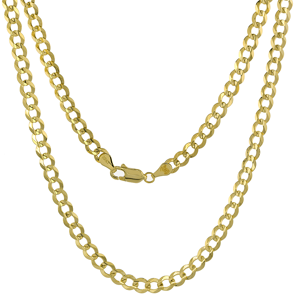 10K Yellow Gold 5mm Cuban Link Curb Chain Necklaces and Bracelets for Men and Women Concaved Beveled Edges sizes 7-30 inch