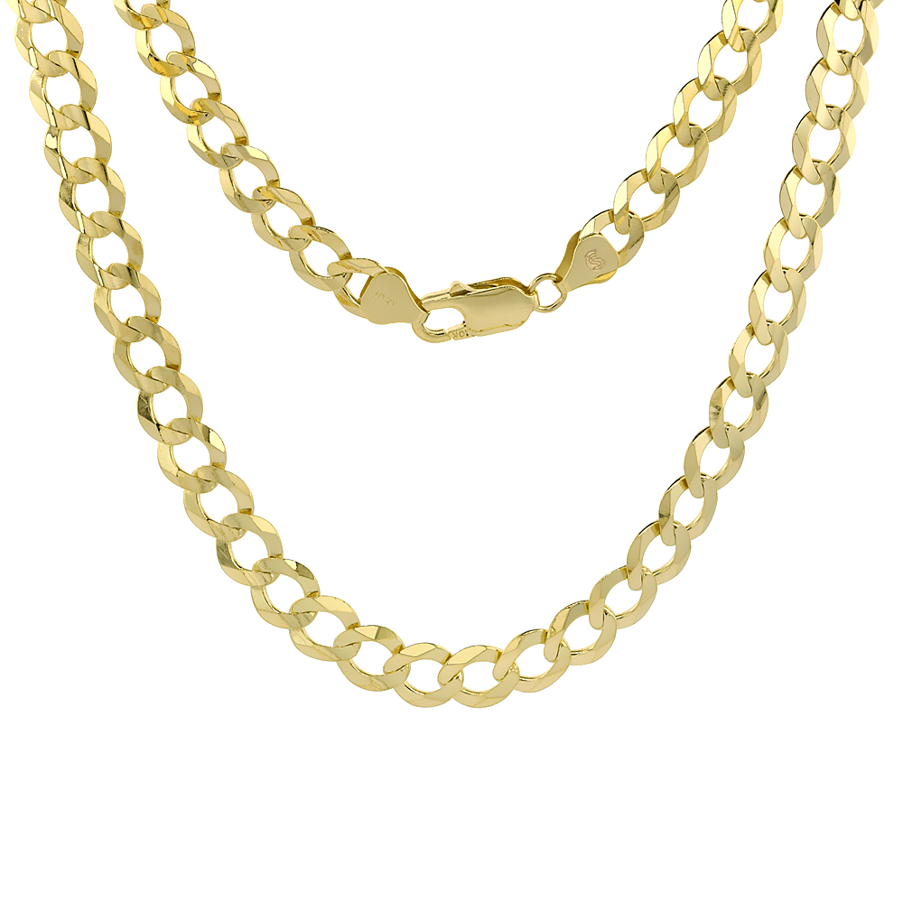 10K Yellow Gold Cuban Link Curb Chain Necklaces and Bracelets for Men and Women Concaved Beveled Edges 8.4mm sizes 8-30 inch