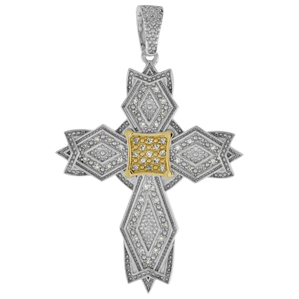 Large 2 inch 10k Gold Diamond Mascly Cross Pendant for Men 0.17 ct. Pave Set Two Tone Rhodium Finish