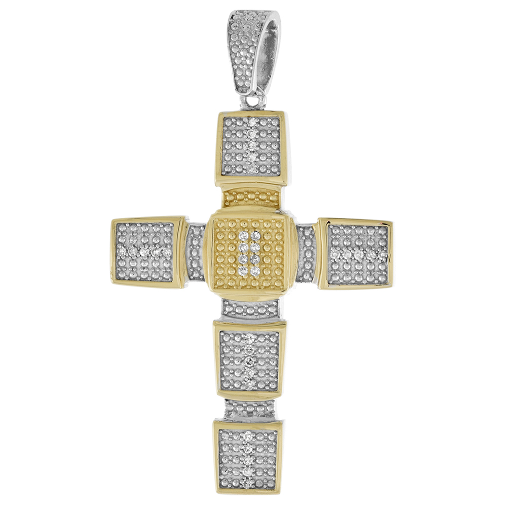Large 2 inch 10k Gold Diamond Trononn� Cross Pendant for Men 0.17 ct. Pave Set Two Tone Rhodium Finish