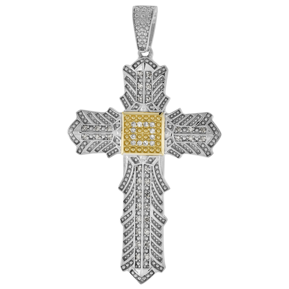 Large 2 inch 10k Gold Diamond Feather Trononne Cross Pendant for Men 0.17 ct. Pave Set Two Tone Rhodium Finish