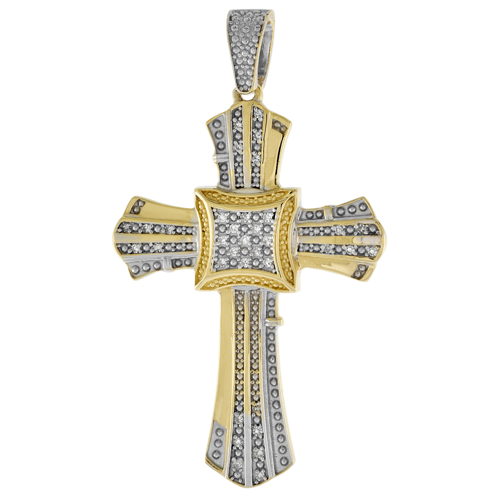 Large 2 inch 10k Gold Diamond Canterbury Cross Pendant for Men 0.17 ct. Pave Set Two Tone Rhodium Finish
