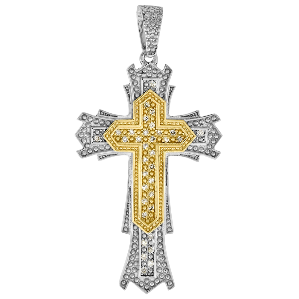 Large 2 inch 10k Gold Diamond Passion Cross Pendant for Men 0.17 ct. Pave Set Two Tone Rhodium Finish