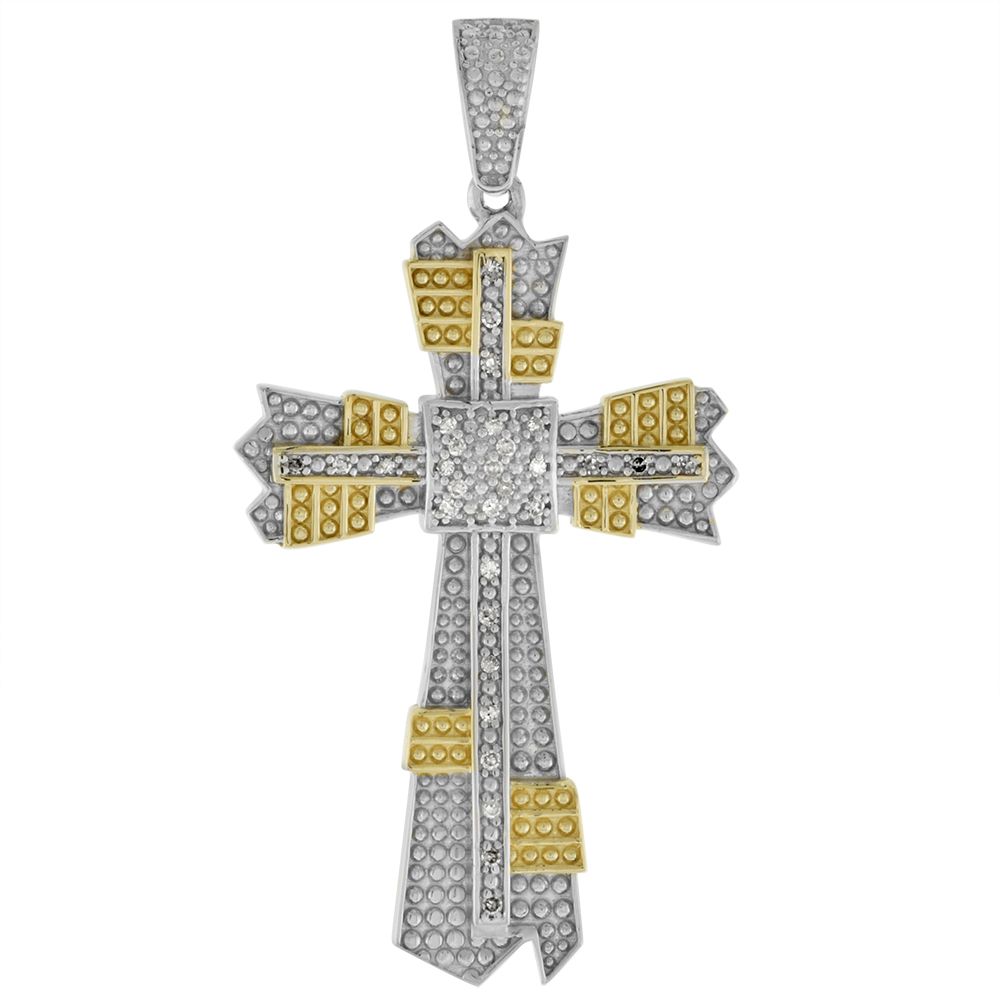 Large 2 inch 10k Gold Diamond Fleury Cross Pendant for Men 0.17 ct. Pave Set Two Tone Rhodium Finish