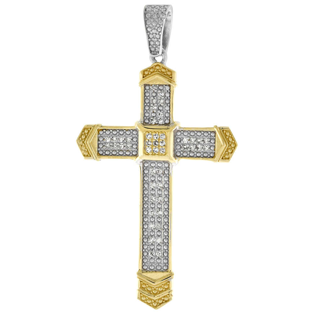 Large 2 inch 10k Gold Diamond Plain Passion Cross Pendant for Men 0.17 ct. Pave Set Two Tone Rhodium Finish