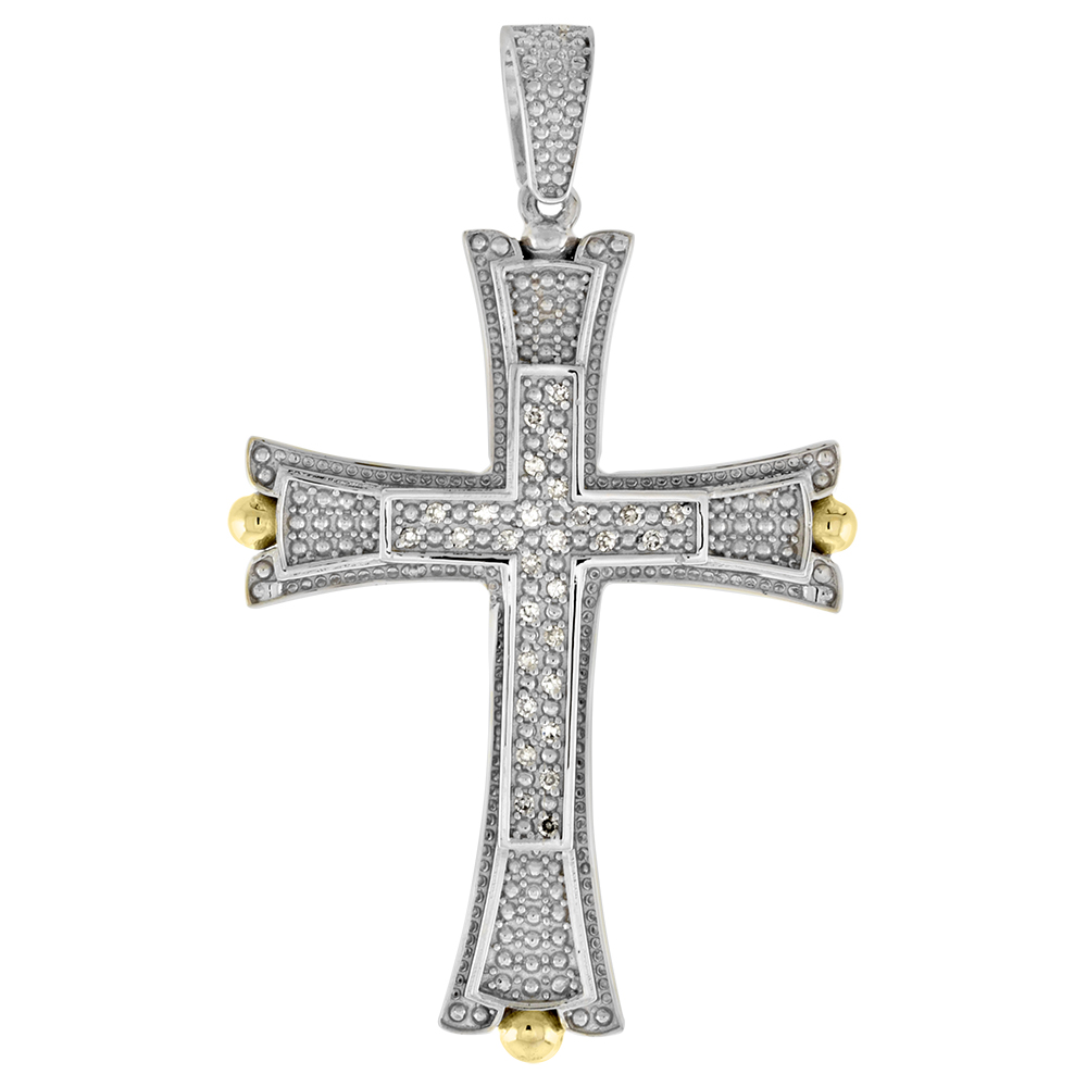 Large 2 inch 10k Gold Diamond Fleurs-de-Lis Cross Pendant for Men 0.17 ct. Pave Set Two Tone Rhodium Finish