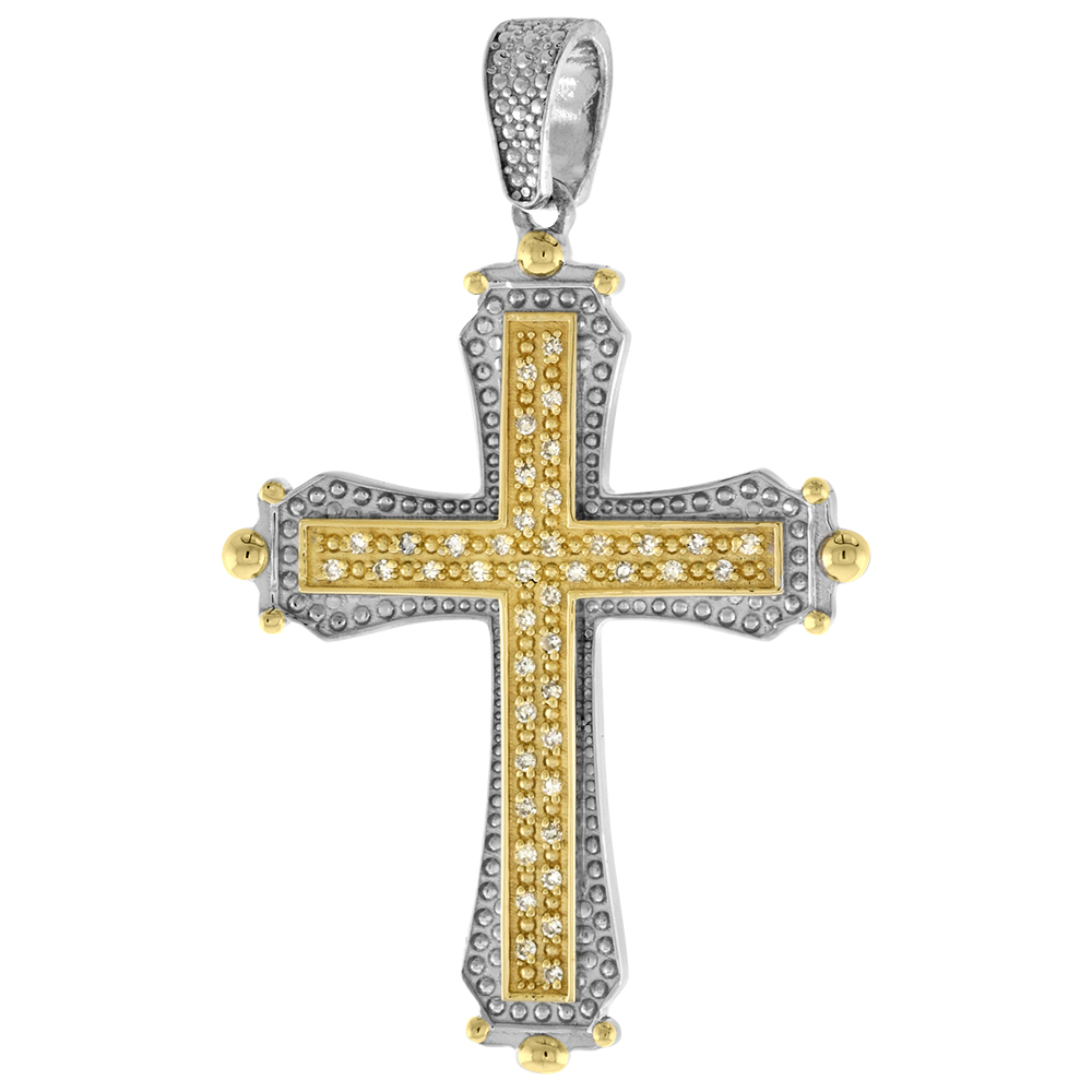 Large 2 inch 10k Gold Diamond Latin Cross Pendant for Men 0.17 ct. Pave Set Two Tone Rhodium Finish