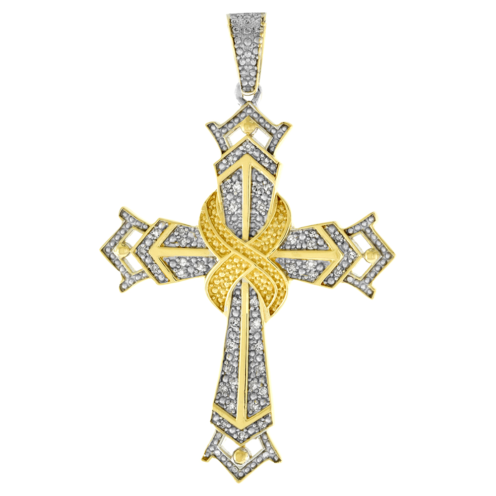 Large 2 inch 10k Gold Diamond Ribbon Cross Pendant for Men 0.17 ct. Pave Set Two Tone Rhodium Finish