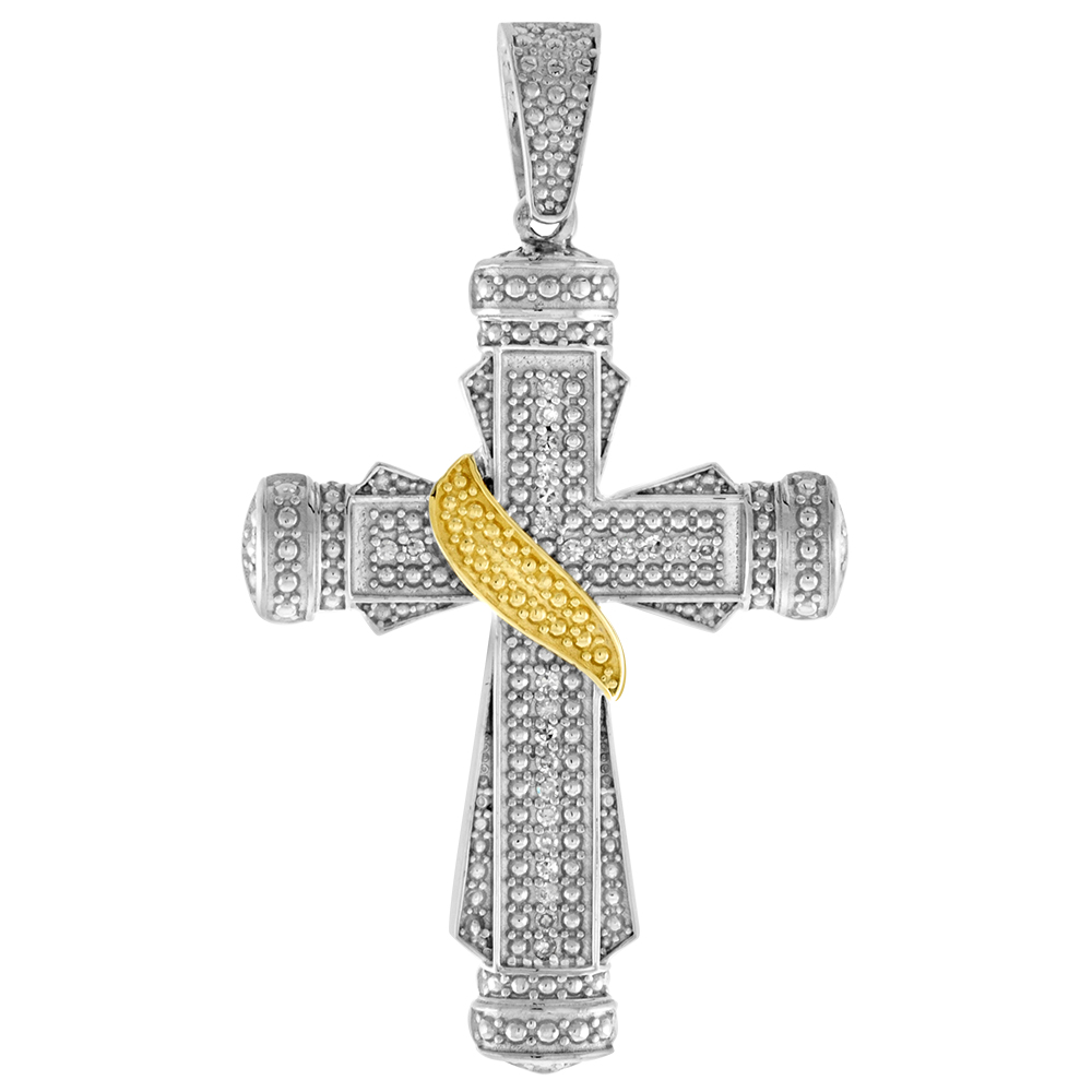 Large 2 inch 10k Gold Diamond Shrouded Cross Pendant for Men 0.17 ct. Pave Set Two Tone Rhodium Finish