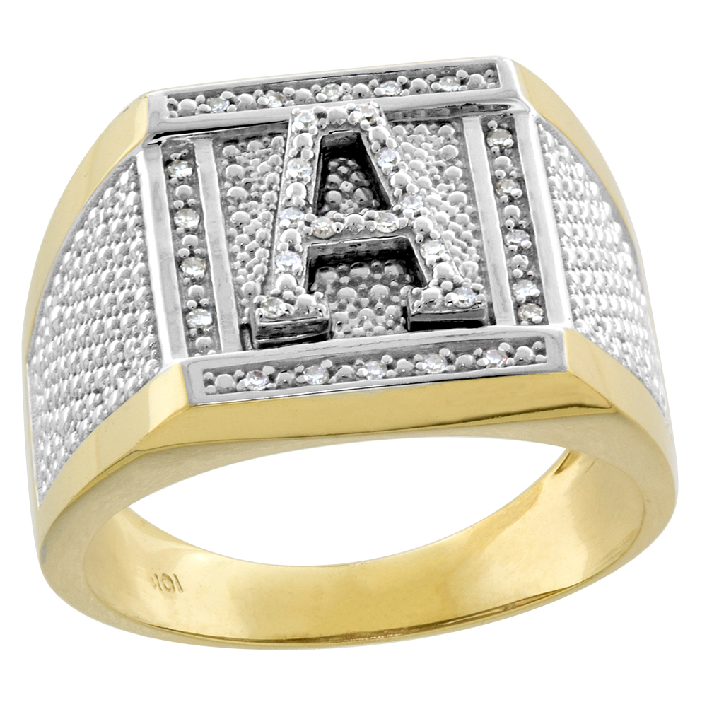 Solid 10k 2 Tone Gold Diamond Initial Rings for Men Letters A-V 0.10 ct Pave Set 3/8 inch Square Signet sizes 10 to 13