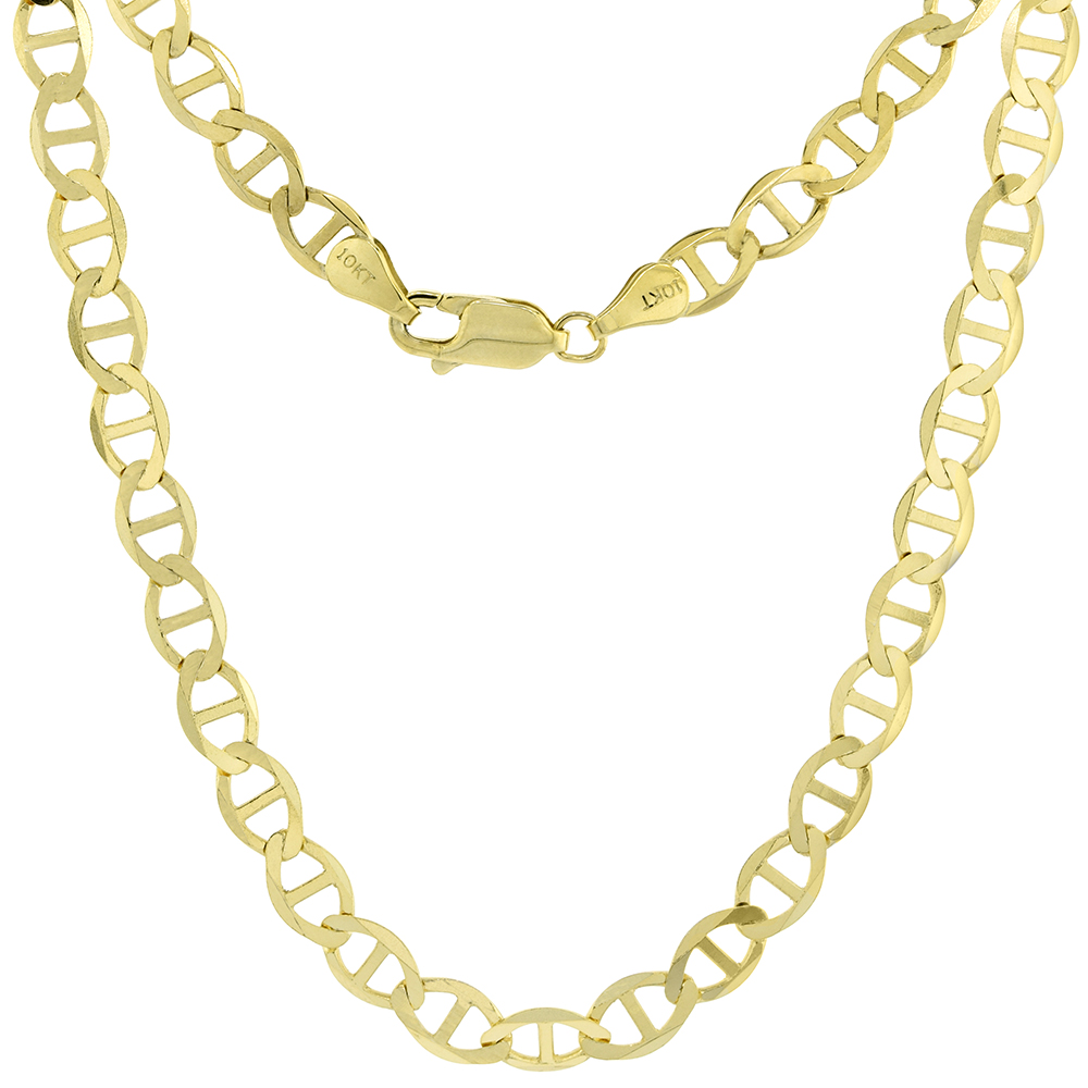 Solid 10k Yellow Gold Ultra Flat 5mm Mariner Chain Necklaces and Bracelets for Men &amp; Women Lobster Clasp High Polish 8-26 inch