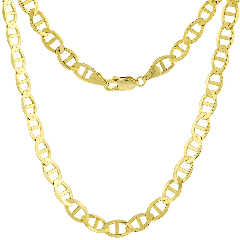 Solid 10k Yellow Gold Ultra Flat 6mm Mariner Chain Necklaces and Bracelets for Men &amp; Women Lobster Clasp High Polish 8-26 inch