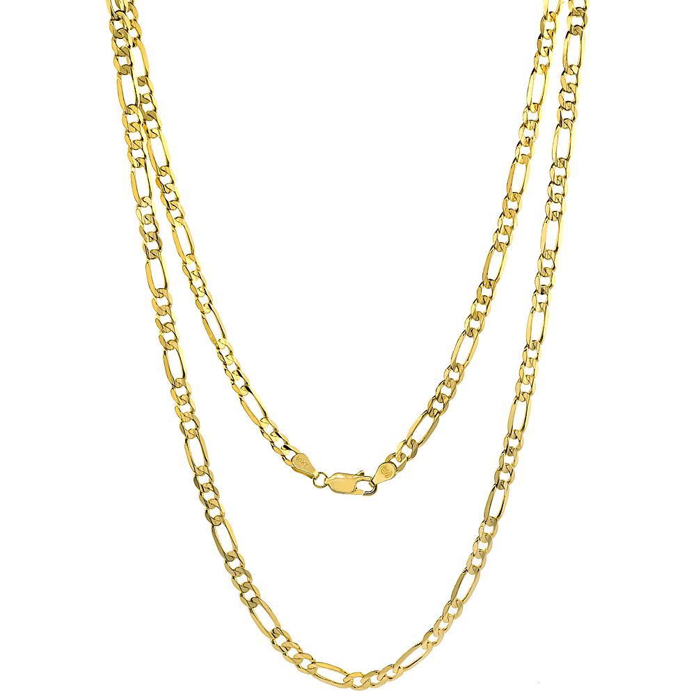 SOLID YELLOW 10K GOLD 3MM FIGARO CHAIN NECKLACES & BRACELETS FOR MEN AND WOMEN CONCAVE HIGH POLISHED 18 - 28 INCH