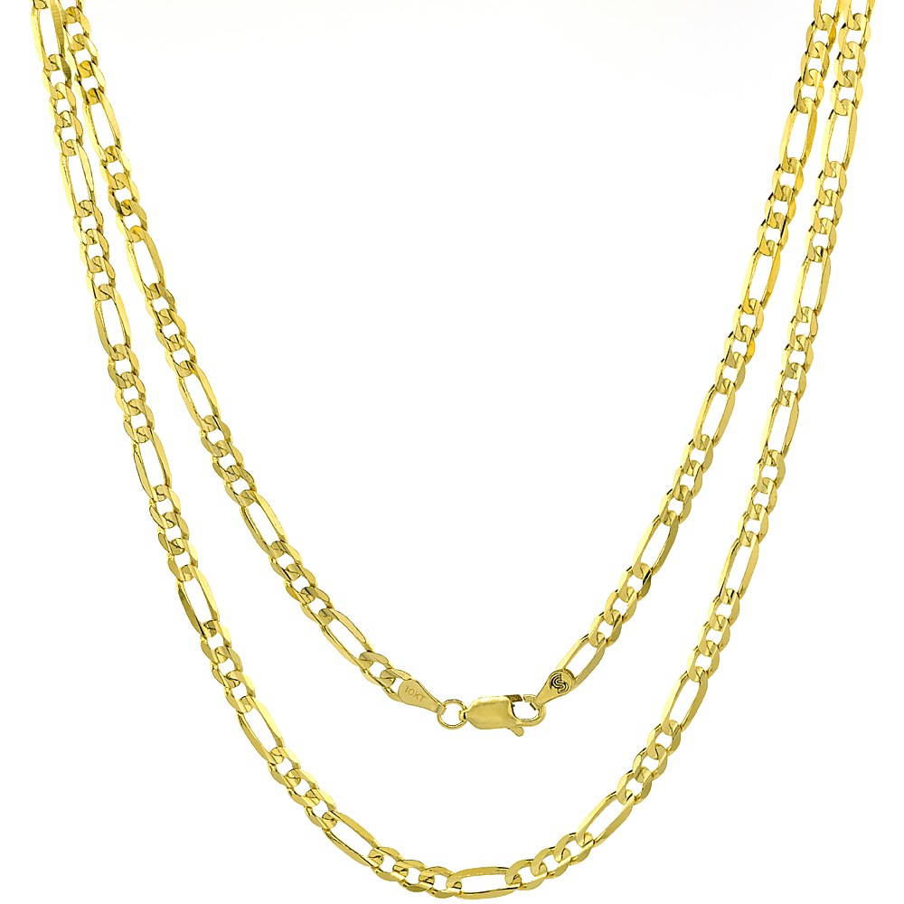 SOLID YELLOW 10K GOLD 4MM FIGARO CHAIN NECKLACES & BRACELETS FOR MEN AND WOMEN CONCAVE HIGH POLISHED 18 - 28 INCH