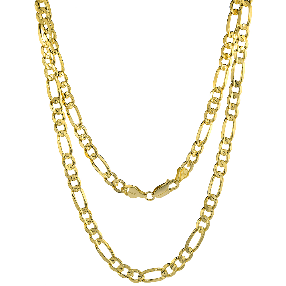 SOLID YELLOW 10K GOLD 6MM FIGARO CHAIN NECKLACES & BRACELETS FOR MEN AND WOMEN CONCAVE HIGH POLISHED 20 - 30 INCH