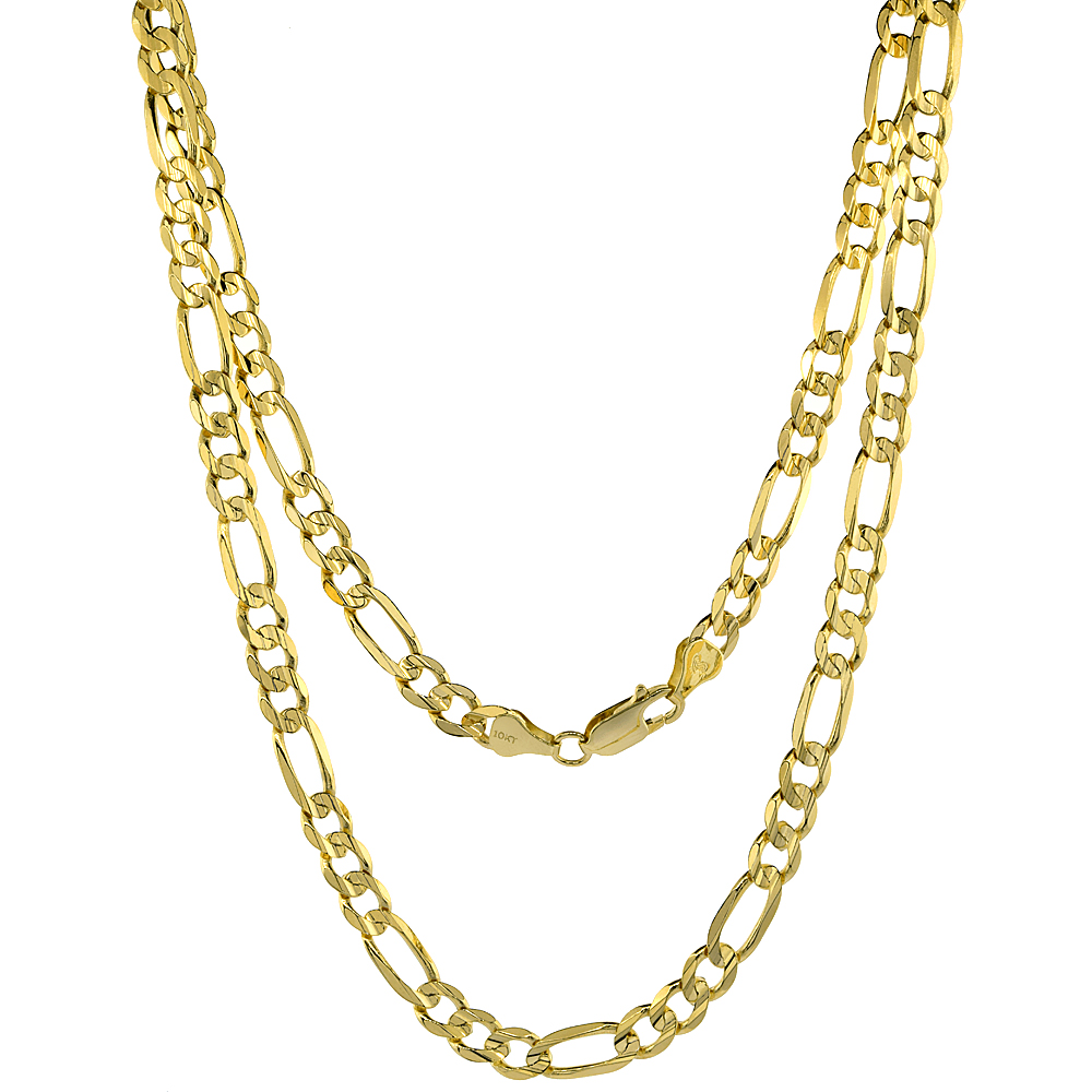 Solid Yellow 10K Gold 6mm Figaro Chain Necklaces & Bracelets for Men and Women Concave High Polished 20 - 30 inch