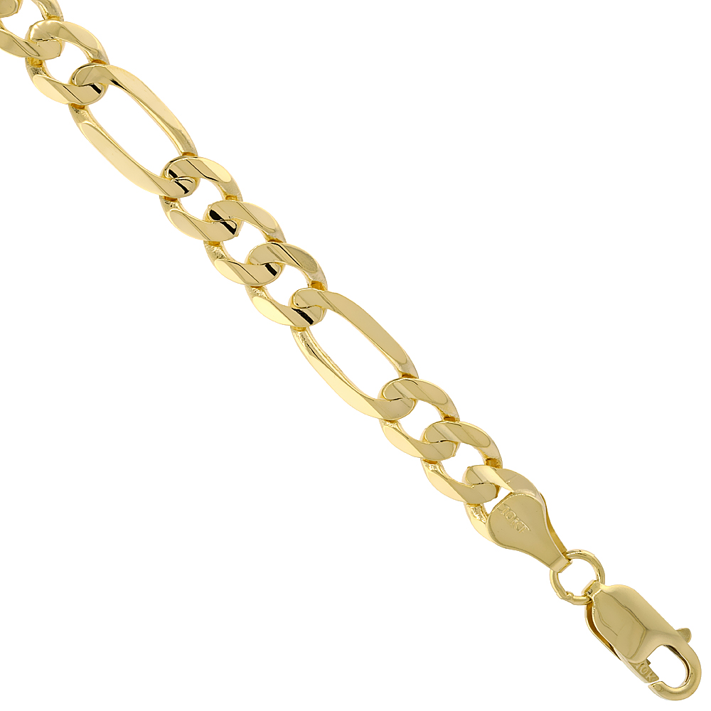 Solid Yellow 10K Gold 7mm Figaro Chain Necklace for Men and Women Concave High Polished 20 - 30 inch