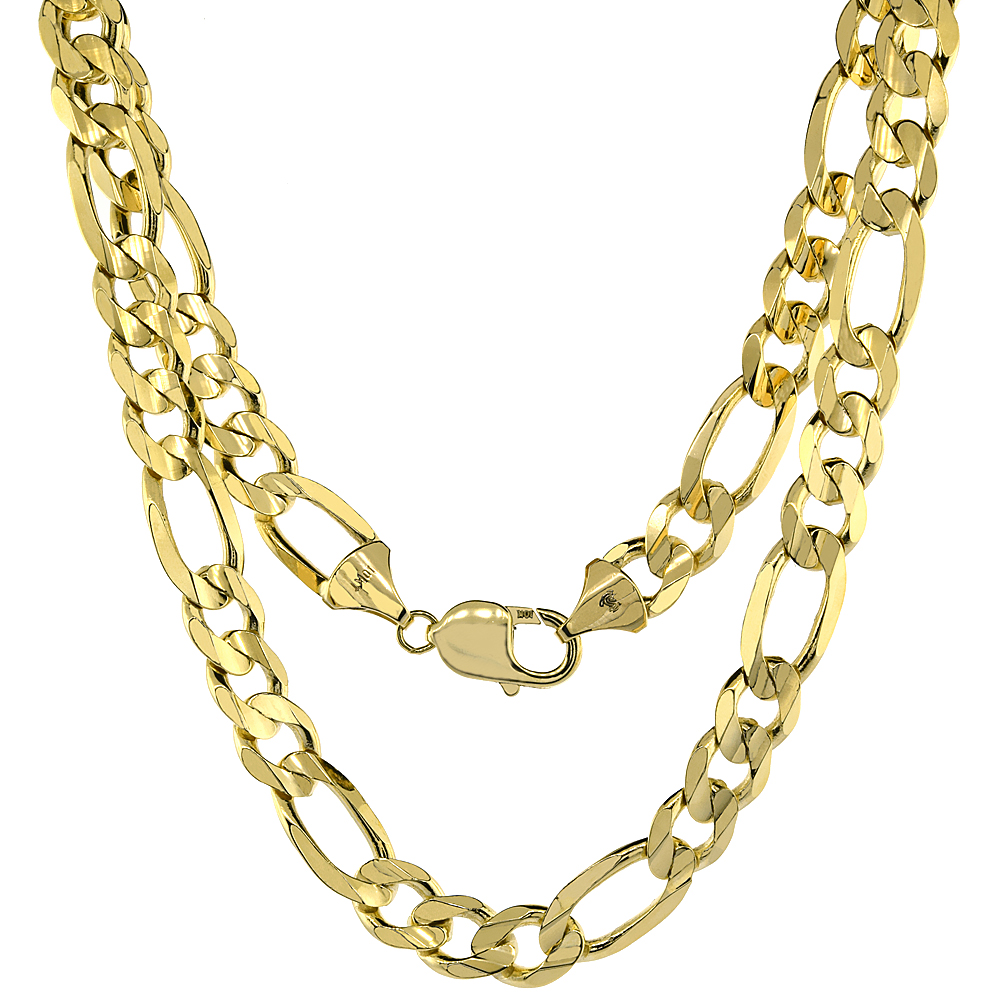 SOLID YELLOW 10K GOLD 10MM FIGARO CHAIN NECKLACES & BRACELETS FOR MEN AND WOMEN CONCAVE HIGH POLISHED 22 - 30 INCH