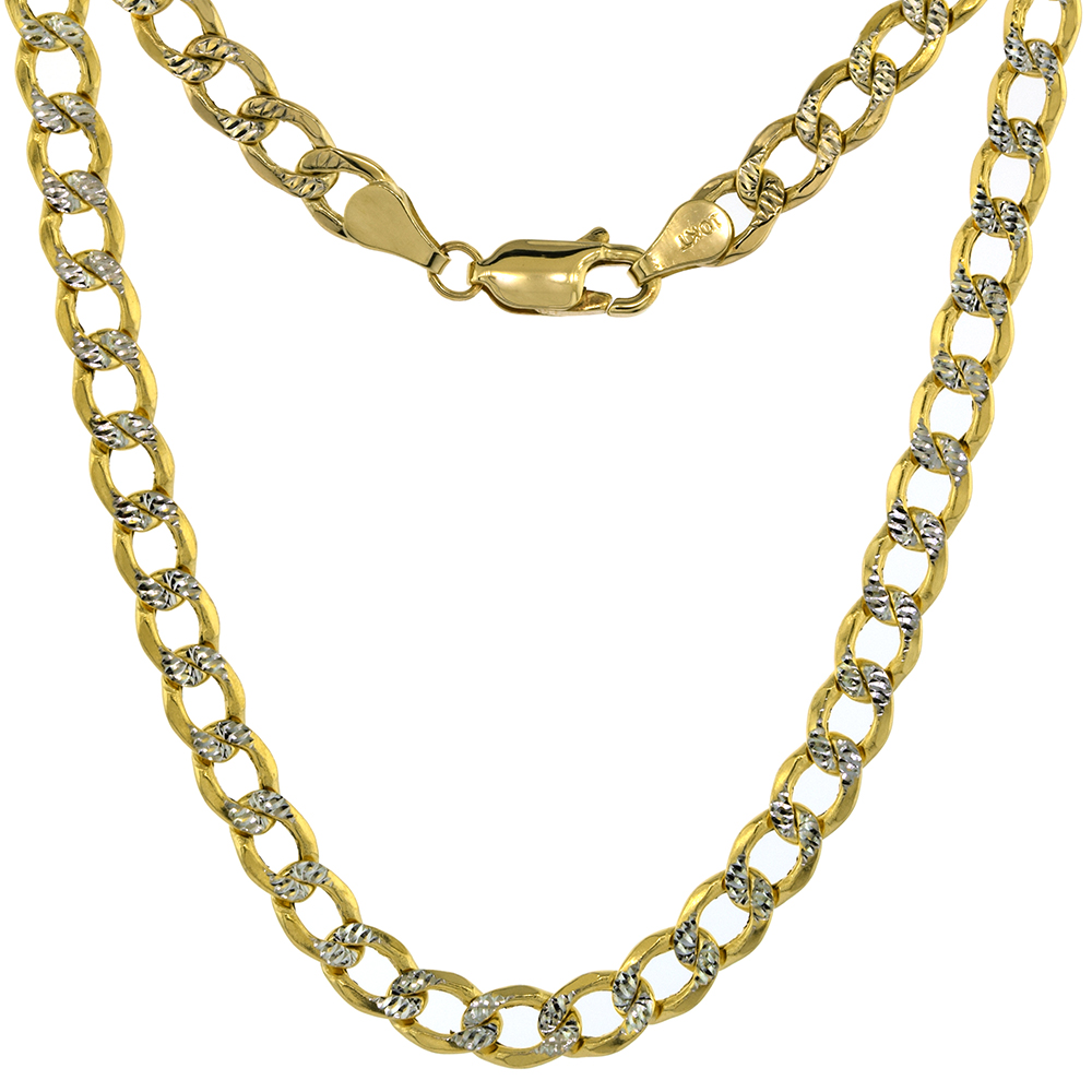 GENUINE 10K GOLD HOLLOW WHITE PAVE TWO TONE 5.5MM CUBAN LINK CURB CHAIN NECKLACE FOR MEN & WOMEN LOBSTER CLASP 18-30 INCH