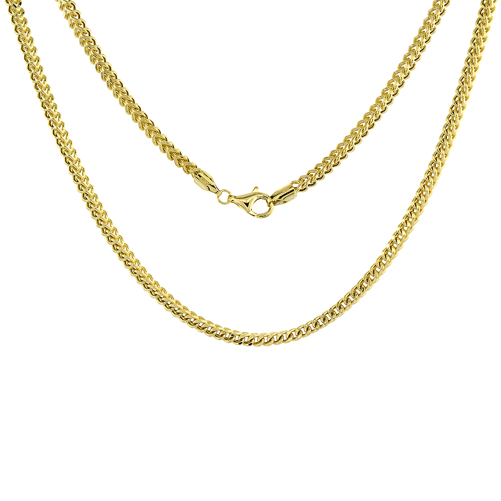 3mm Hollow 10k Yellow Gold Franco Chain Necklace for Men &amp; Women Nickel Free, 20-30 inch