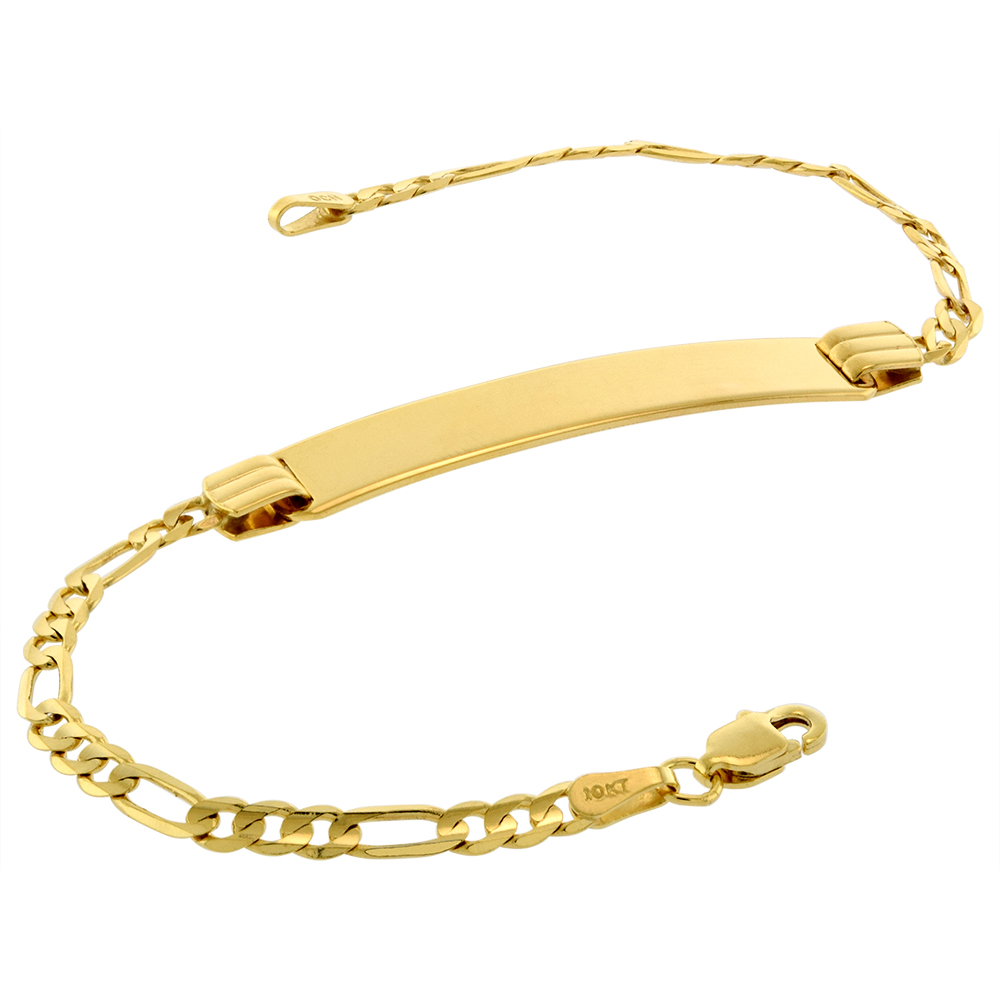 REAL 10K GOLD 7MM ID BRACELETS FOR WOMEN WITH 3MM FIGARO LINK CHAIN SOLID ENGRAVABLE