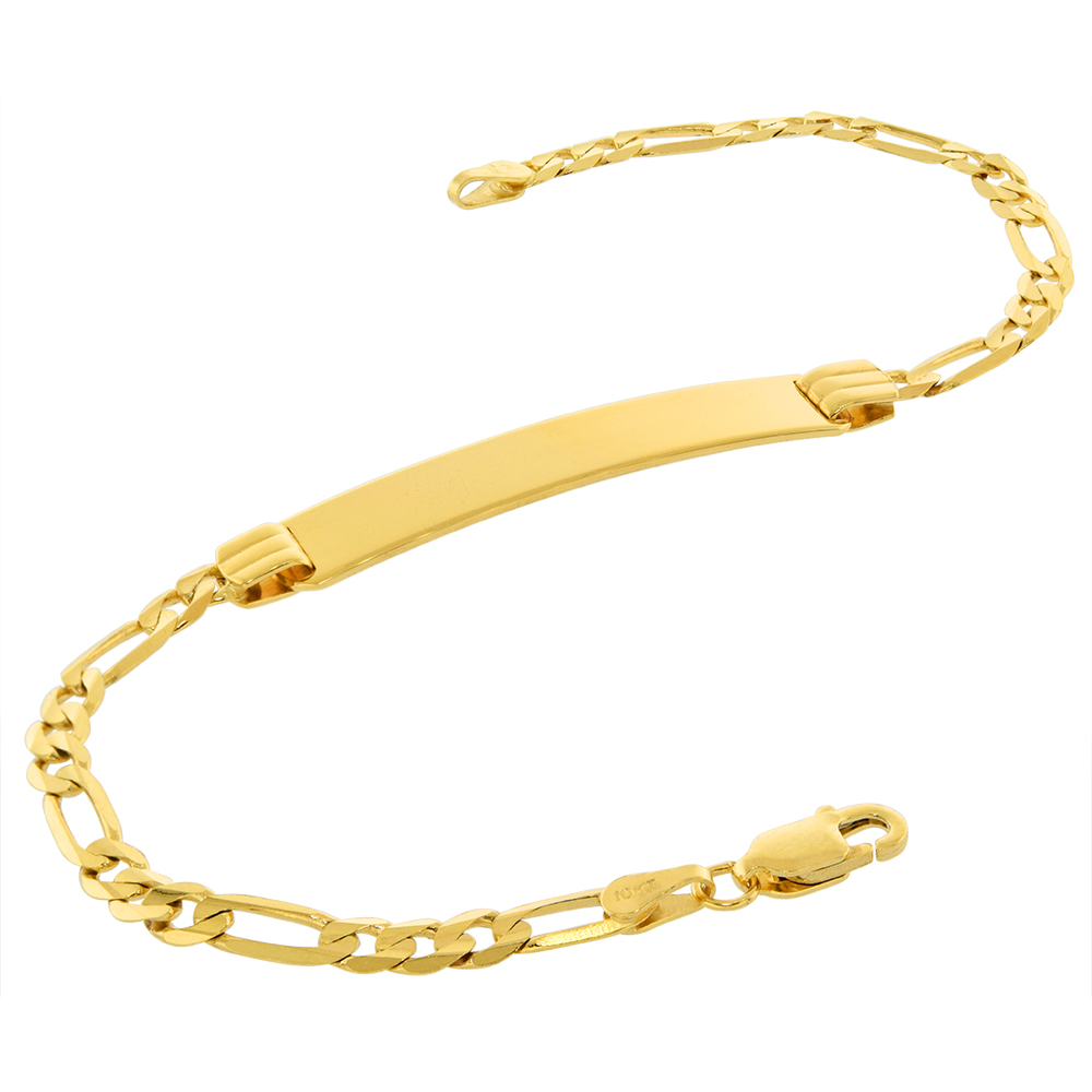 Real 10k Gold 7mm ID Bracelet for Women with 4mm Figaro Link ID Bracelet Solid Engravable 7-8 inch