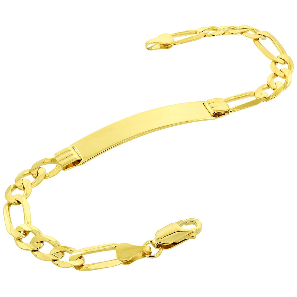 Real 10k Gold 10mm ID Bracelet for Men with 7mm Figaro Link Chain Solid Engravable 8-8.5 inch