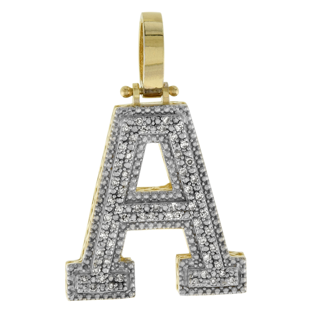 GENUINE 10K YELLOW GOLD DIAMOND BLOCK INITIAL PENDANT A FOR MEN 0.23 CT. 7/8 INCH (22MM) TALL