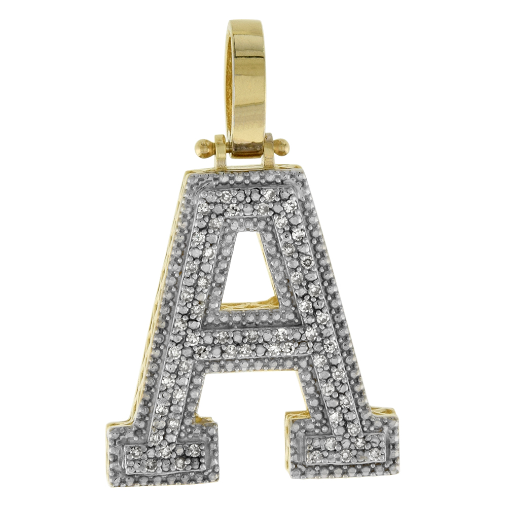 Genuine 10k Yellow Gold Diamond Block Initial Pendant A for Men 0.23 ct. 7/8 inch (22mm) tall