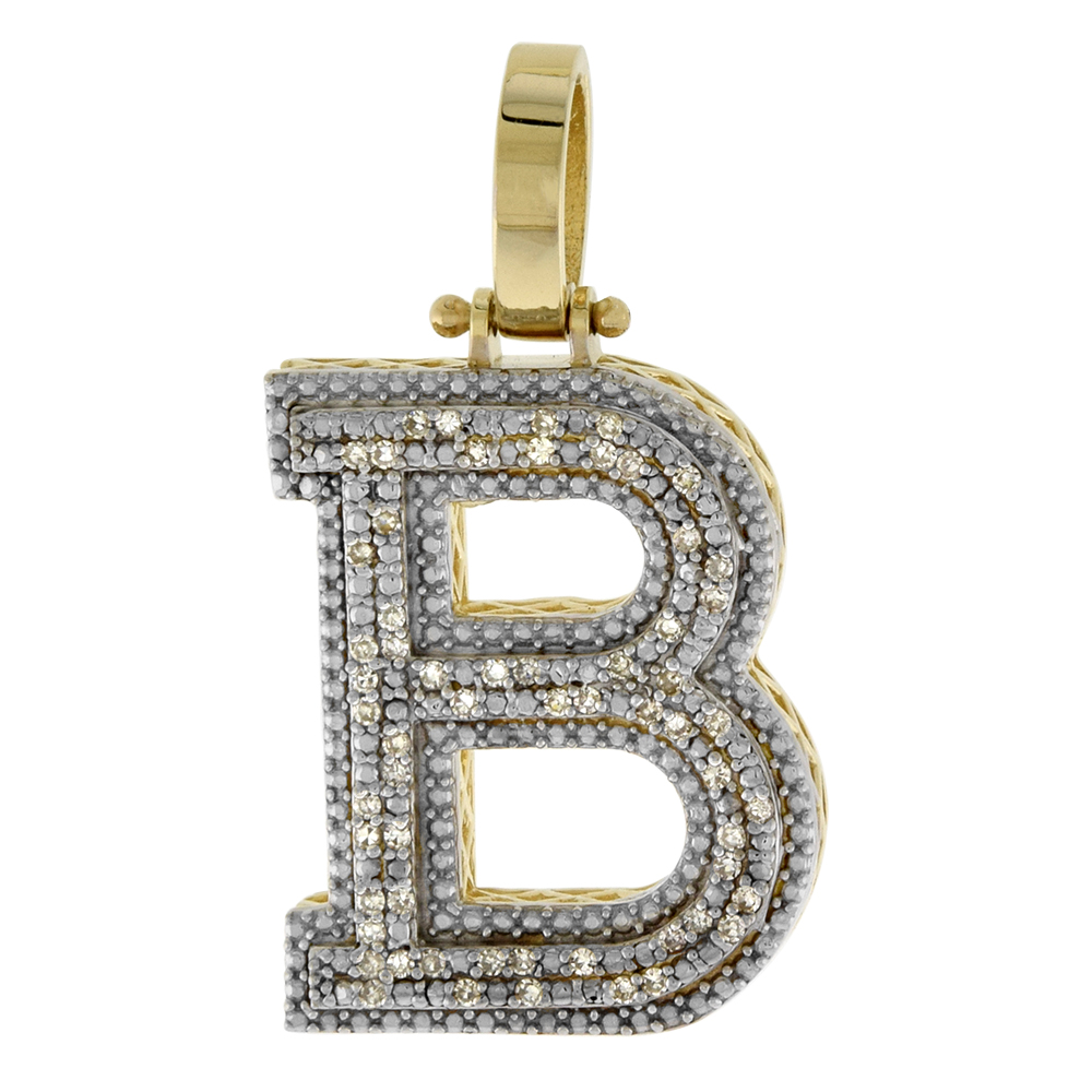Genuine 10k Yellow Gold Diamond Block Initial Pendant B for Men 0.24 ct. 7/8 inch (22mm) tall