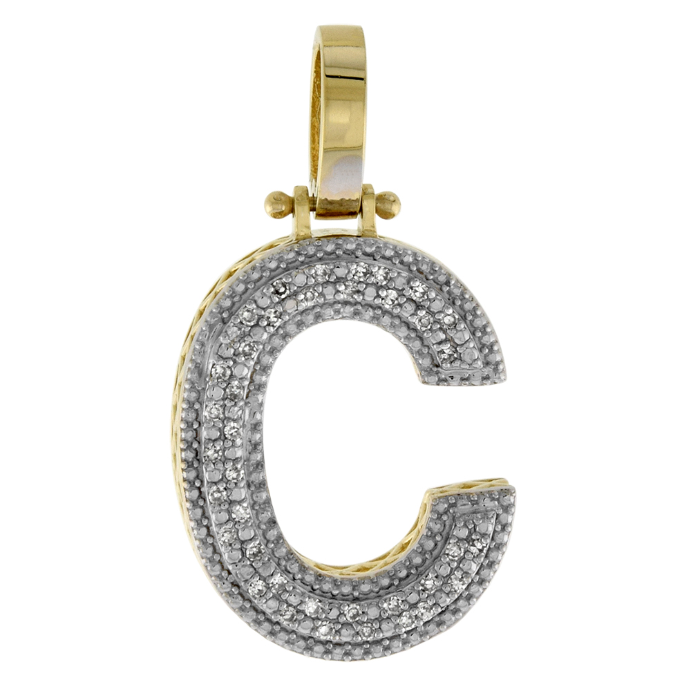 GENUINE 10K YELLOW GOLD DIAMOND BLOCK INITIAL PENDANT C FOR MEN 0.16 CT. 7/8 INCH (22MM) TALL