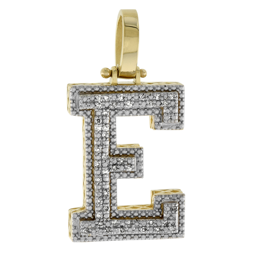 Genuine 10k Yellow Gold Diamond Block Initial Pendant E for Men 0.16 ct. 7/8 inch (22mm) tall