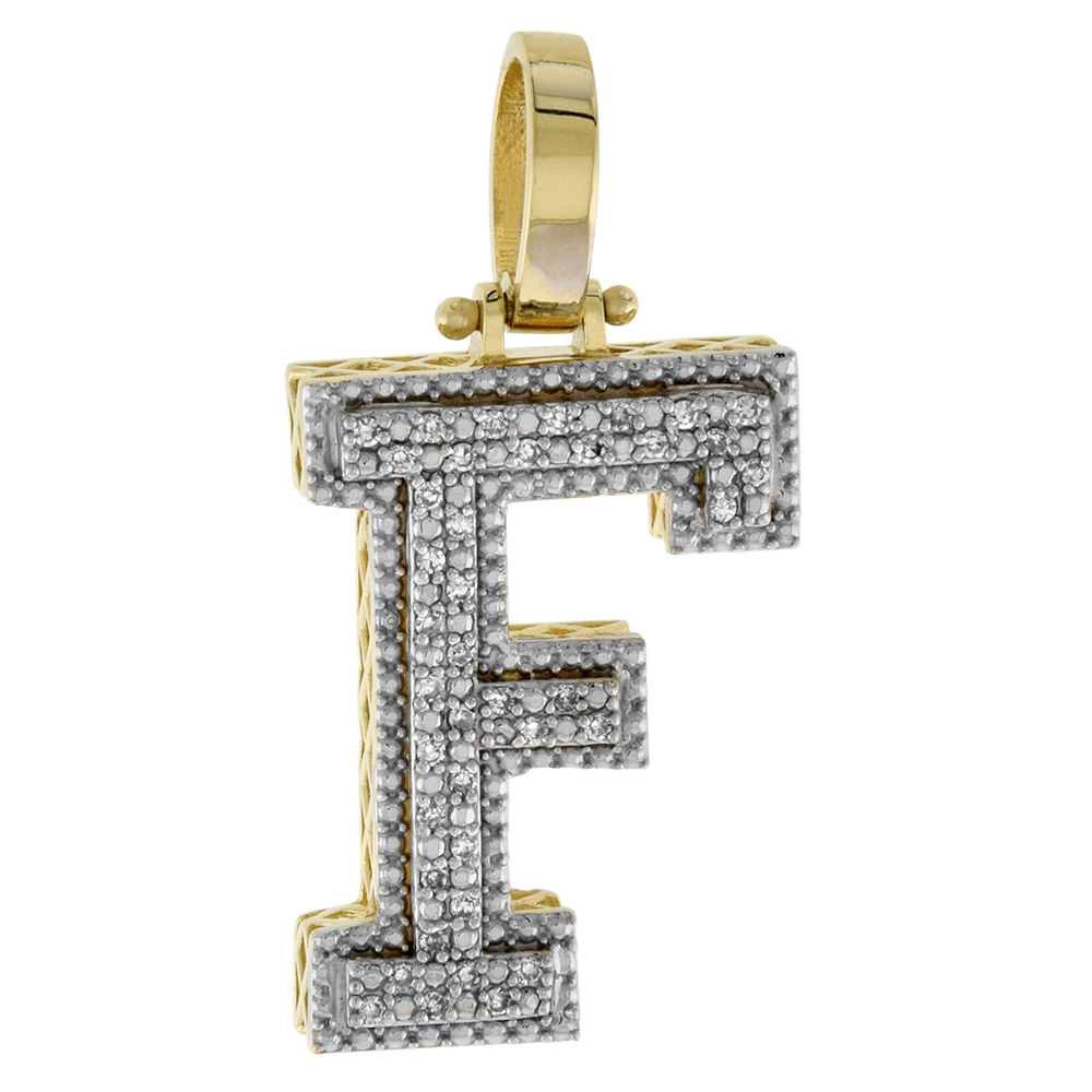 Genuine 10k Yellow Gold Diamond Block Initial Pendant F for Men 0.16 ct. 7/8 inch (22mm) tall