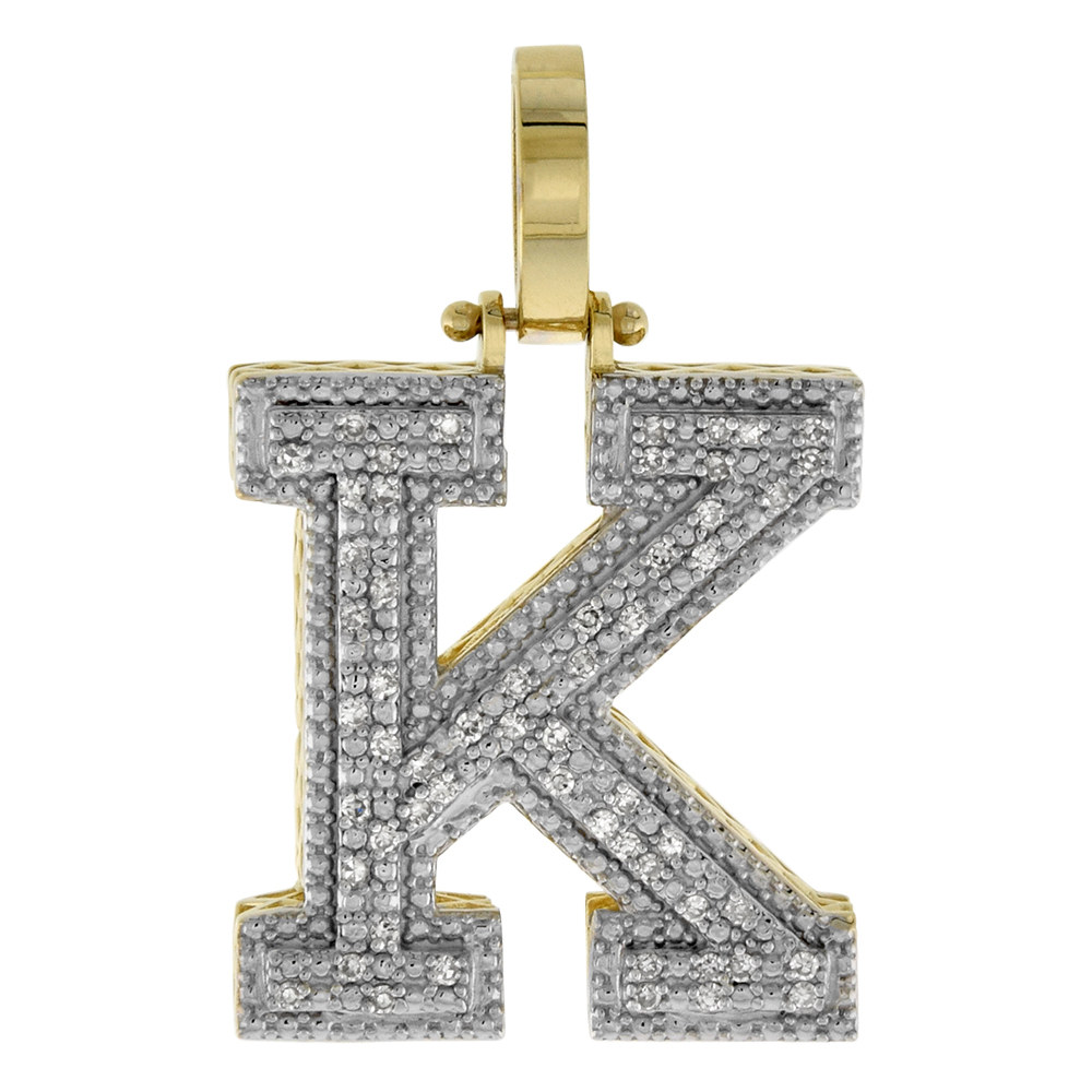 Genuine 10k Yellow Gold Diamond Block Initial Pendant K for Men 0.23 ct. 7/8 inch (22mm) tall