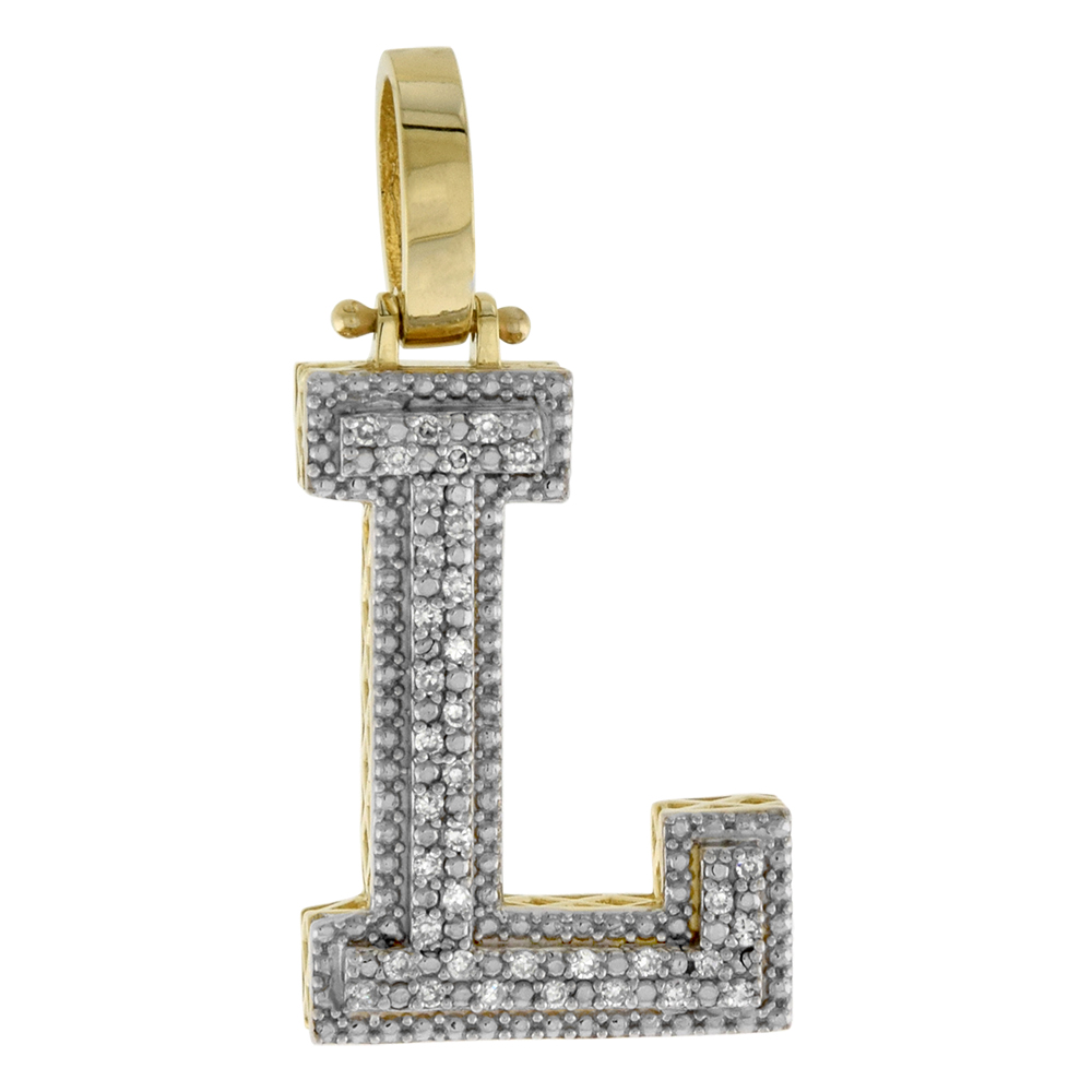 Genuine 10k Yellow Gold Diamond Block Initial Pendant L for Men 0.15 ct. 7/8 inch (22mm) tall