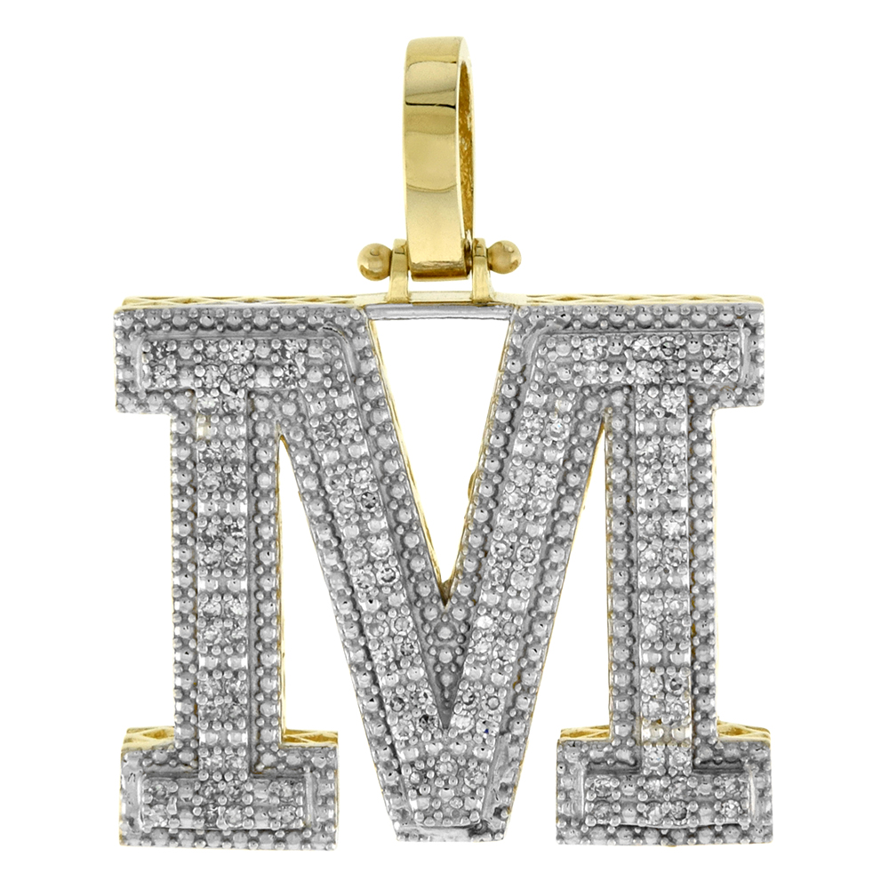 GENUINE 10K YELLOW GOLD DIAMOND BLOCK INITIAL PENDANT M FOR MEN 0.45 CT. 7/8 INCH (22MM) TALL