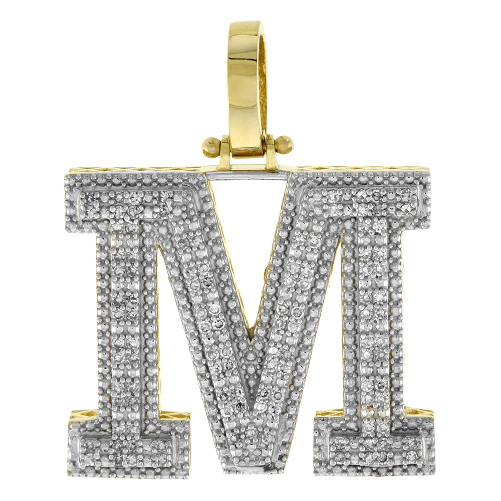 Genuine 10k Yellow Gold Diamond Block Initial Pendant M for Men 0.45 ct. 7/8 inch (22mm) tall