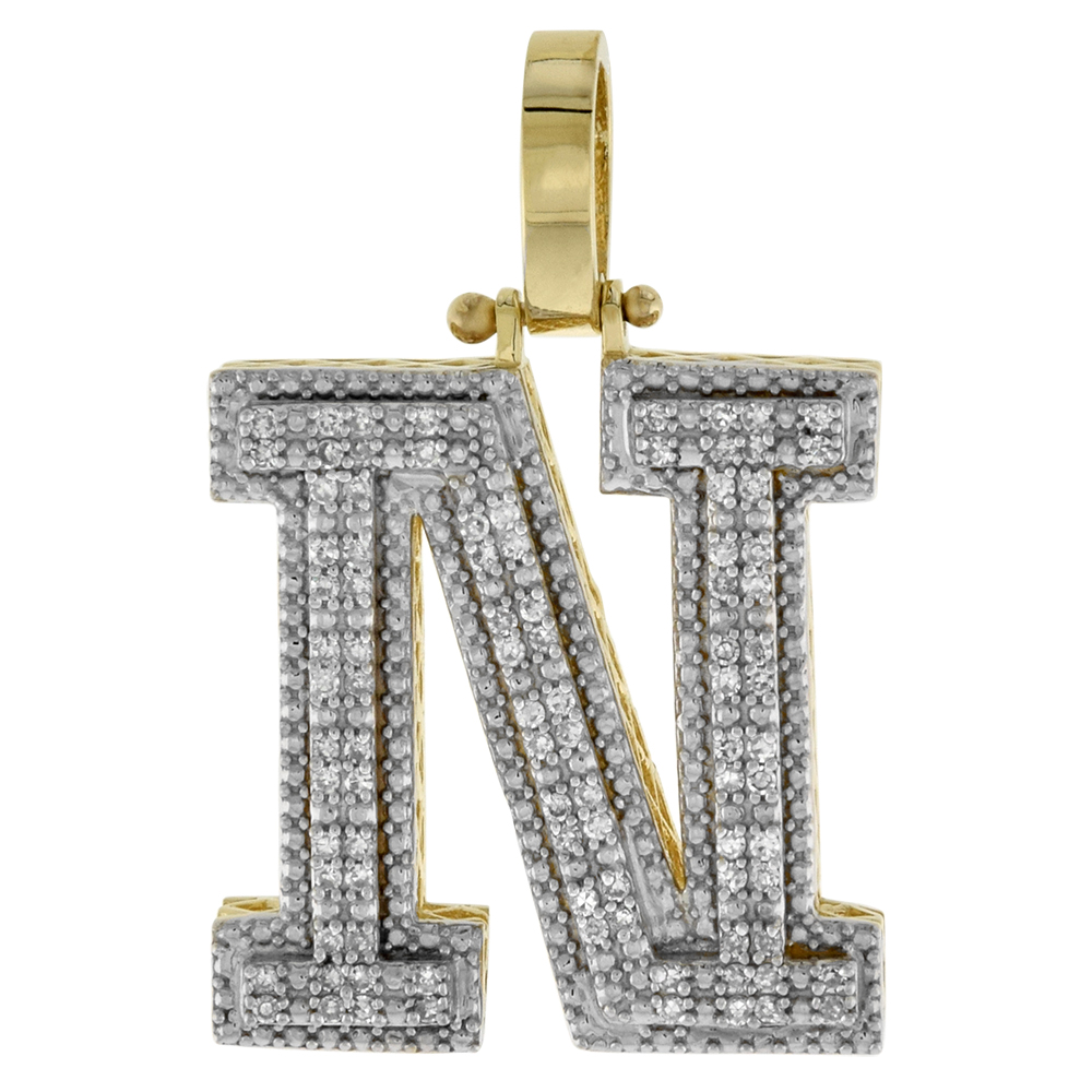 GENUINE 10K YELLOW GOLD DIAMOND BLOCK INITIAL PENDANT N FOR MEN 0.37 CT. 7/8 INCH (22MM) TALL
