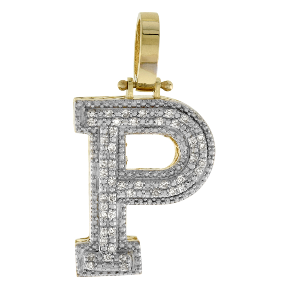 Genuine 10k Yellow Gold Diamond Block Initial Pendant P for Men 0.18 ct. 7/8 inch (22mm) tall