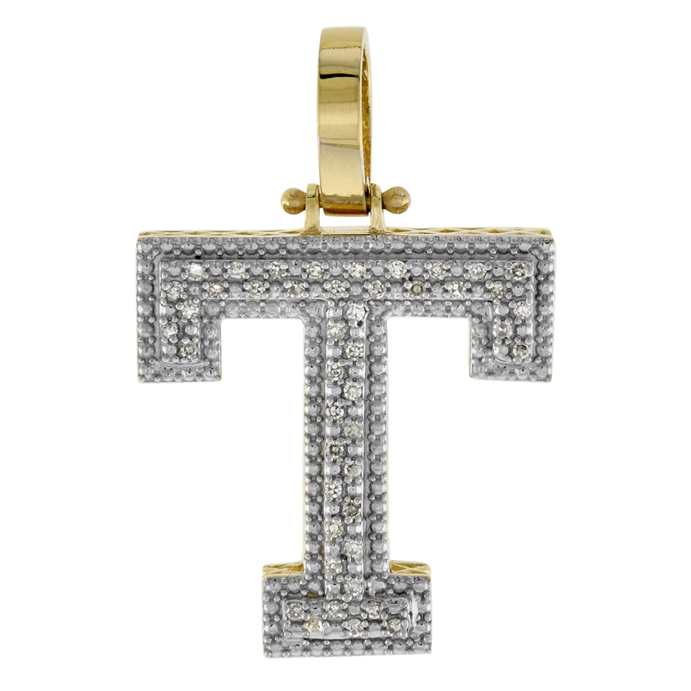 Genuine 10k Yellow Gold Diamond Block Initial Pendant T for Men 0.18 ct. 7/8 inch (22mm) tall
