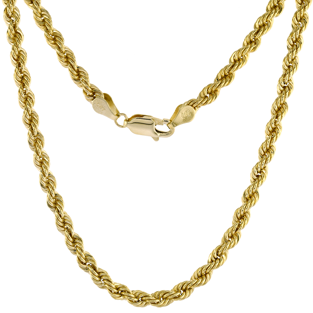 Solid Yellow 10K Gold 3mm Diamond Cut Rope Chain Necklaces and Bracelets for Men & Women 7-30 inch