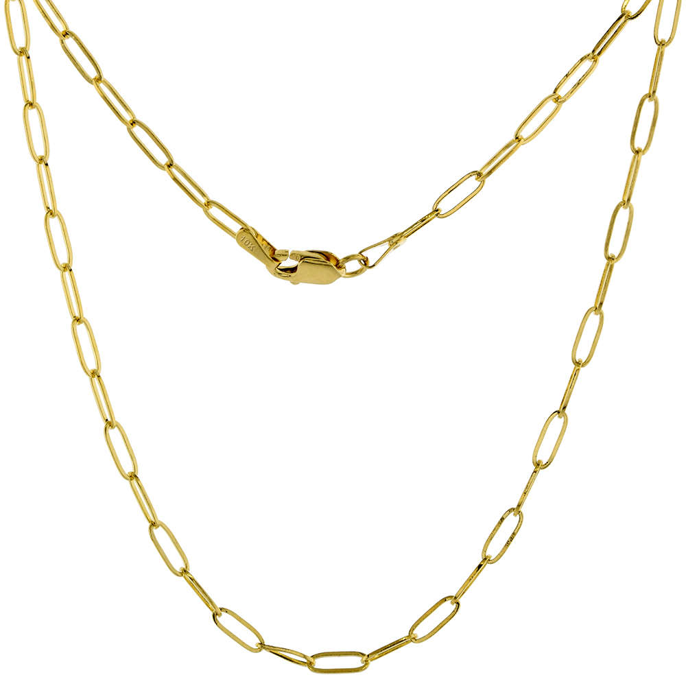 Solid 10k Gold 2mm Paperclip Chain Necklaces &amp; Bracelets for Women High Polished Lobster Clasp 7 to 30 inch