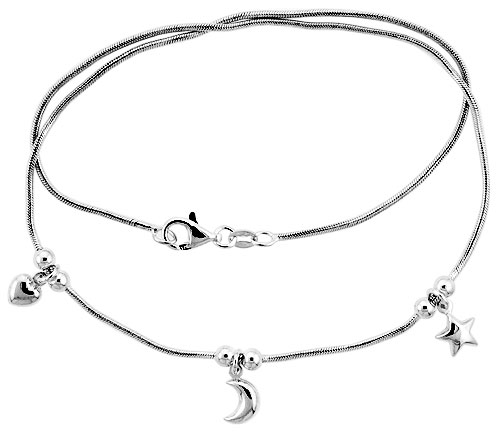 STERLING SILVER NECKLACE / BRACELET WITH HEART, MOON STAR PENDANTS
