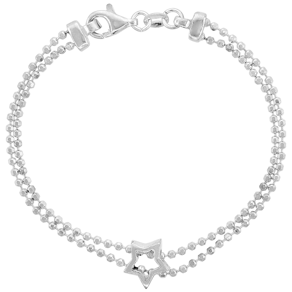 STERLING SILVER STAR BRACELET FOR WOMEN 2-ROW BALL CHAIN 7 INCH