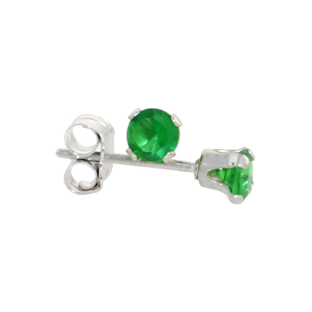 STERLING SILVER BRILLIANT CUT CUBIC ZIRCONIA STUD EARRINGS 3 MM EMERALD GREEN COLOR 1/4 CTTW