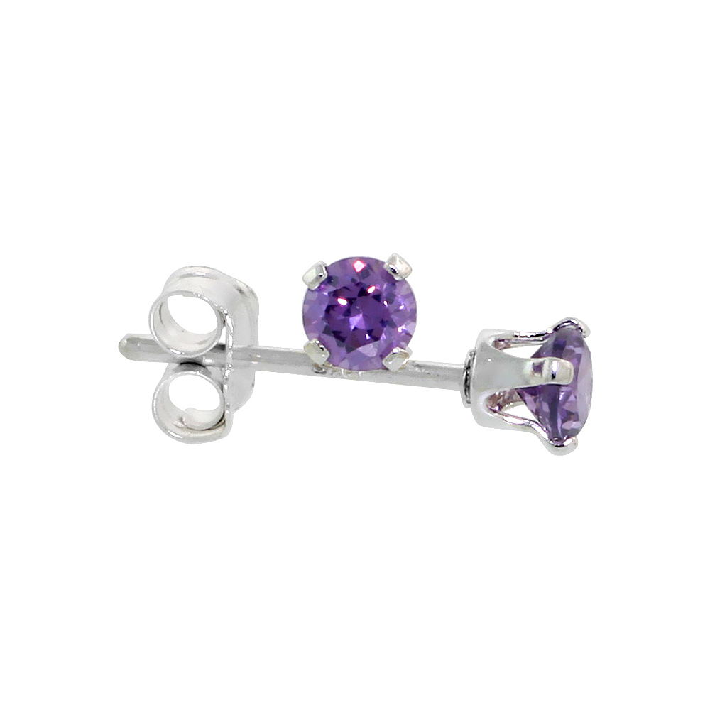 STERLING SILVER CUBIC ZIRCONIA AMETHYST EARRINGS STUDS 3 MM PURPLE COLOR 1/4 CARAT/PAIR
