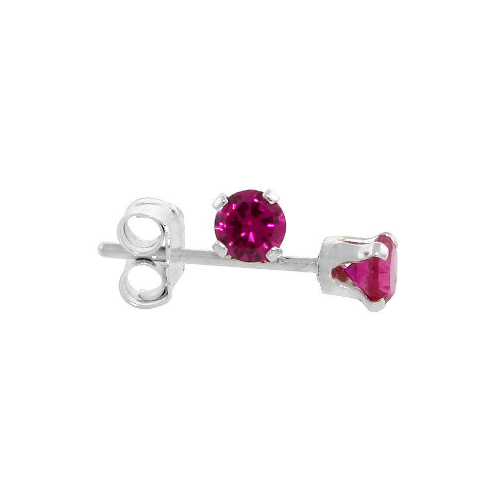 STERLING SILVER CUBIC ZIRCONIA RUBY EARRINGS STUDS 3 MM RED COLOR 1/4 CARAT/PAIR