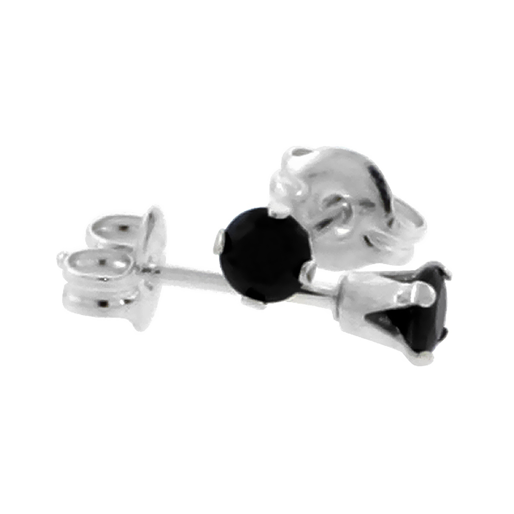 STERLING SILVER CUBIC ZIRCONIA BLACK EARRINGS STUDS 3 MM BLACK 1/4 CARAT/PAIR